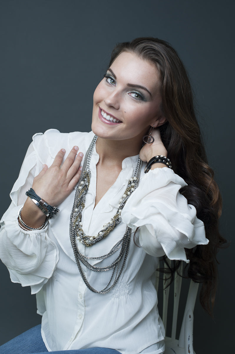 Cascading Multi-Strand Black and Silver Tone Chain Necklace and Dangle Earring Set