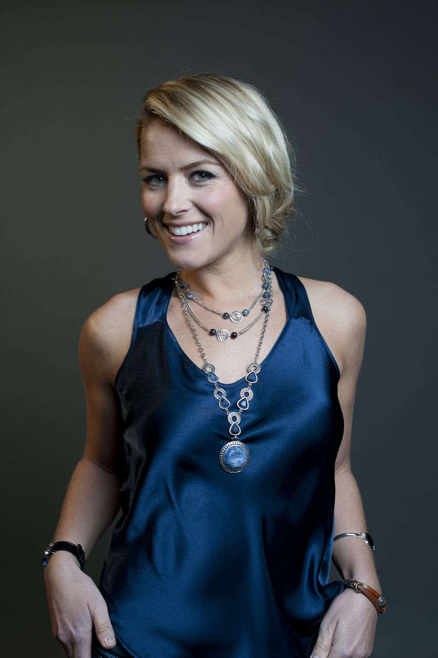 Long Genuine Sodalite Beaded Station Necklace with Silver Tone Chain 32-35 Inches