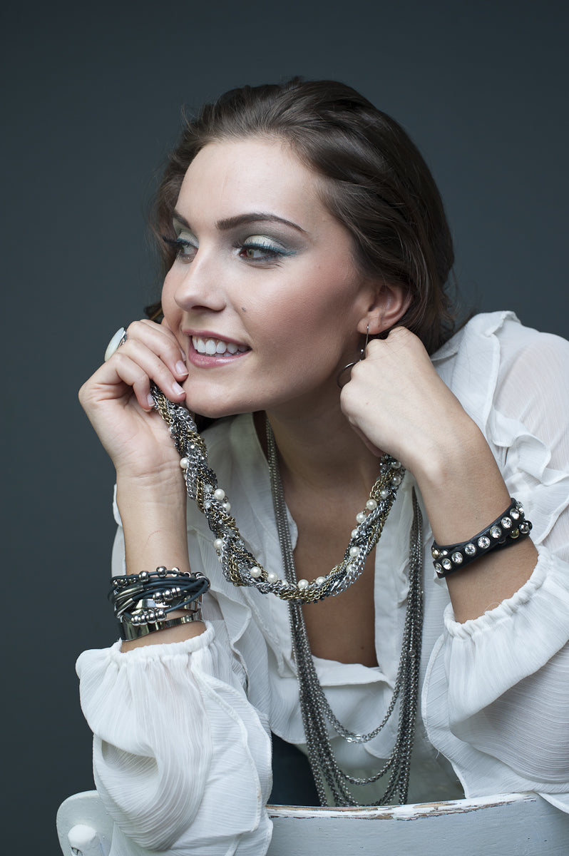 Braided Multi-Chain Statement Necklace with Crystals and Glass Pearls - 26 Inch Mixed Metal Fashion Necklace