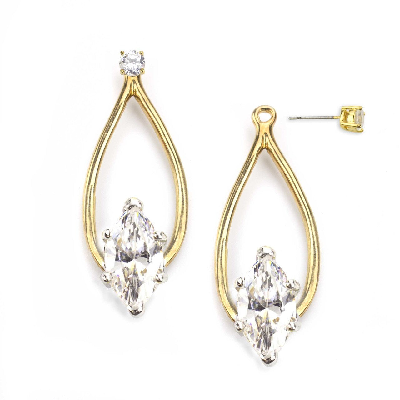 Elegant Marquise Cut CZ Crystal Teardrop Ear Jacket Earrings Gold Tone