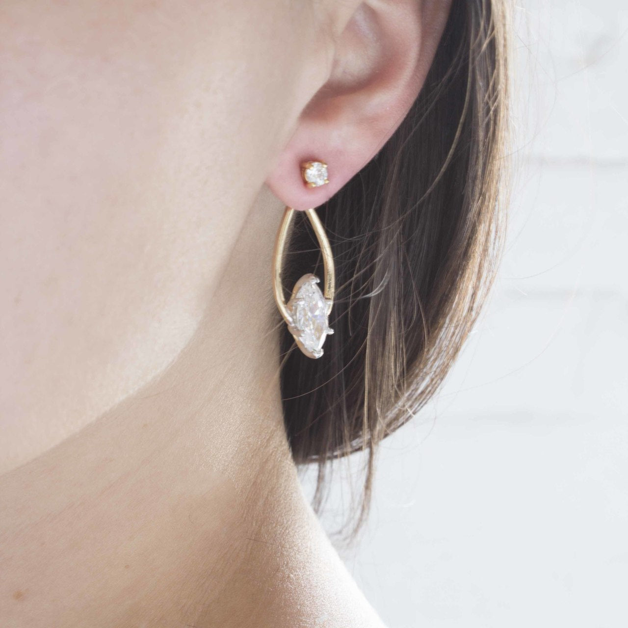 Elegant Marquise Cut CZ Crystal Teardrop Ear Jacket Earrings Gold Tone