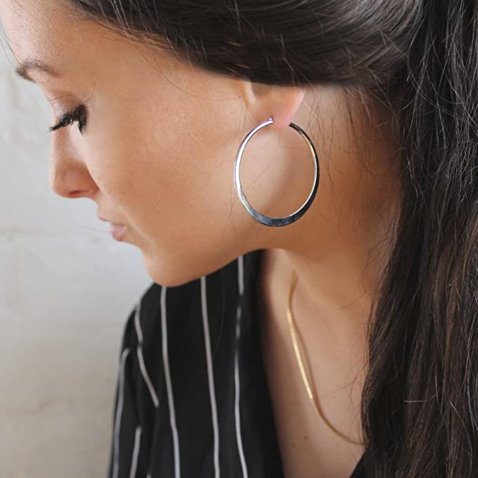 Classic Silver Tone Round Hoop Earrings with Latch Back Closure - 1.25 Inch Diameter