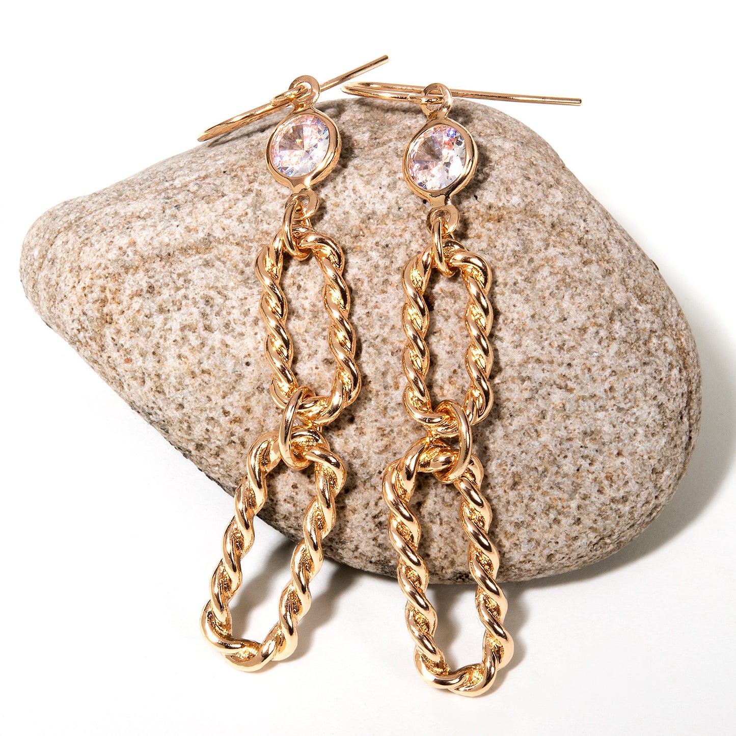 Elegant 14k Yellow Gold Plated Dangle Earrings Link with Cubic Zirconia Design
