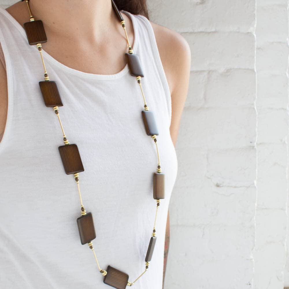 36 Inch Brown Wood Bead Station Necklace with Gold Tone Accents