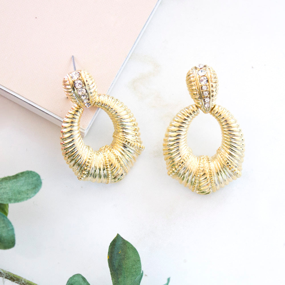 Gold Tone Crystal Ribbed Door Knocker Statement Earrings with Post Back