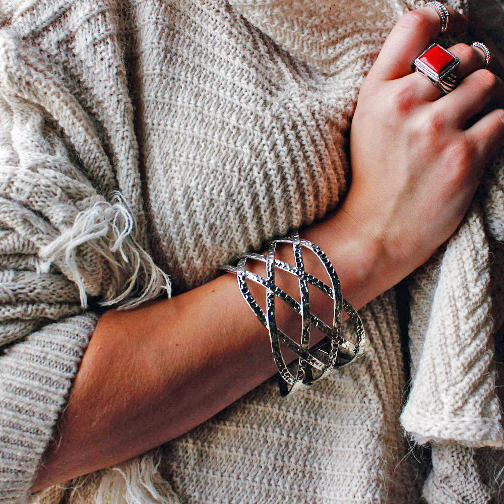 Wide Silver Tone Twisted Web Cuff Bracelet Statement Piece 1.75 Inches