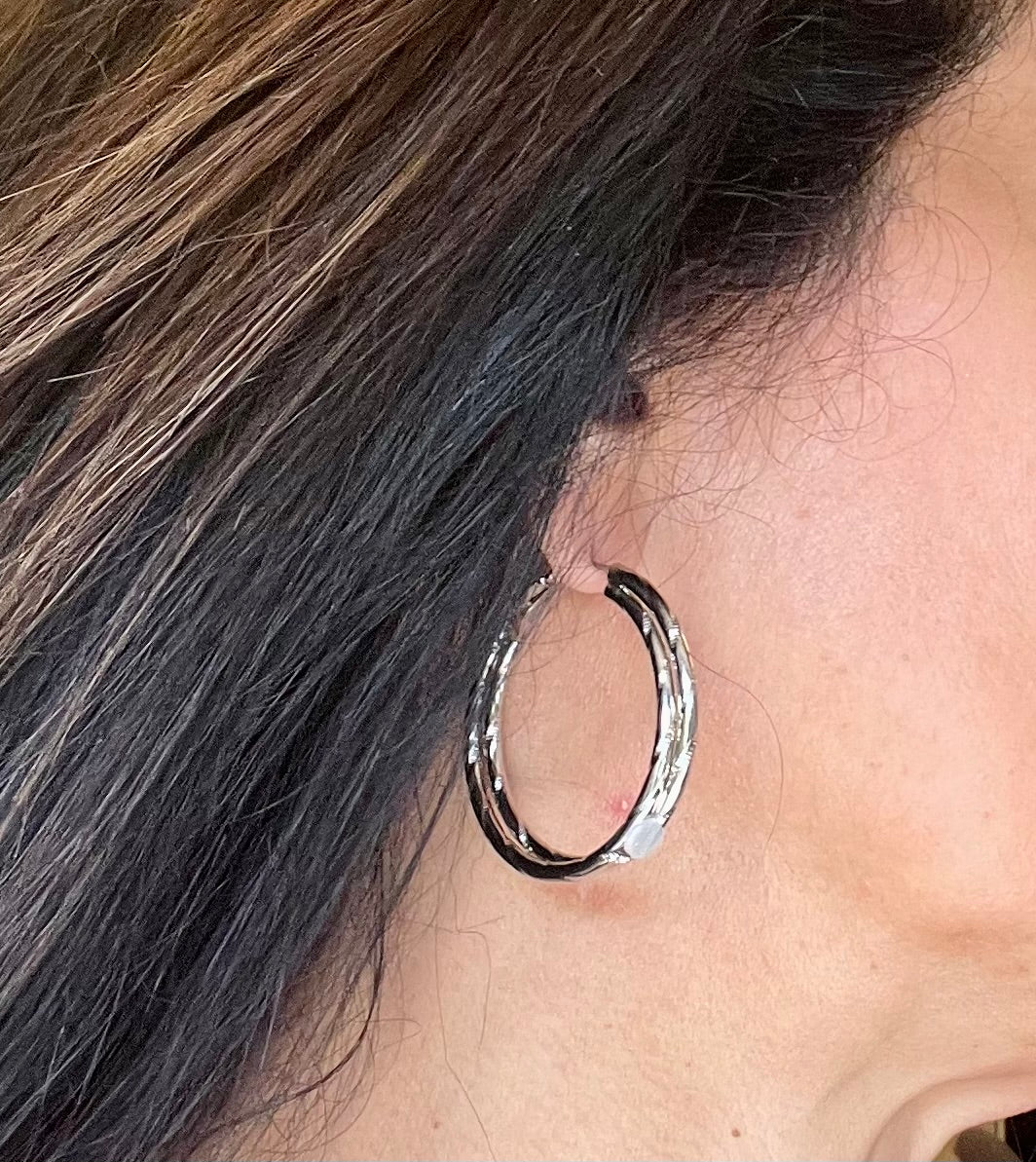 Textured Twist Silver Tone Hoop Earrings with Secure Latch Back Closure, 1.5 Inch Diameter