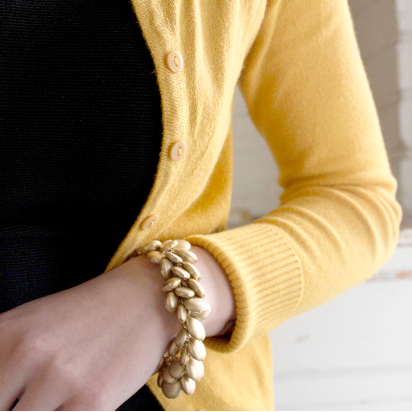 Elegant Gold Tone Beaded Charm Statement Bracelet with Adjustable Length