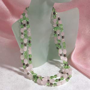 Triple Strand Rose Quartz and Peridot Glass Beaded Statement Necklace with Antiqued Metal Spacers