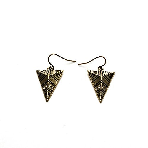 Tribal Arrow Necklace and Earring Set with CZ Crystals, Antique Gold Geometric Statement Jewelry