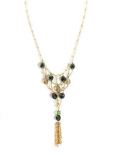 Bohemian Glass Bead Tassel Necklace and Earring Set - 30 Inch Long Chain Statement Jewelry