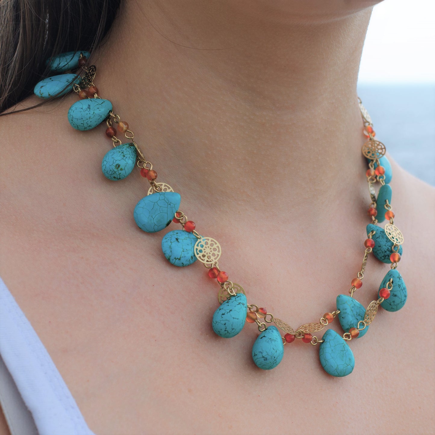 Genuine Turquoise and Carnelian Double Layer Statement Bib Necklace with Gold Tone Accents