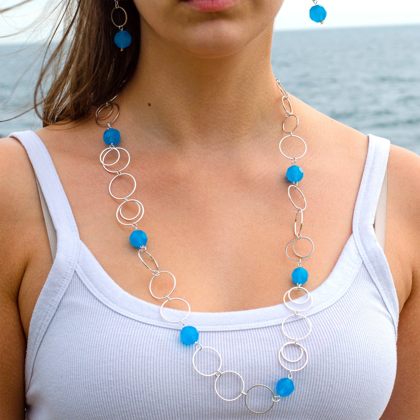 Ocean Blue Faceted Glass Bead and Silver Circle Link Necklace and Earring Set - Long Statement Jewelry
