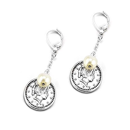 Vintage Style Silver Tone Coin and Pearl Drop Dangle Earrings with Lever Back