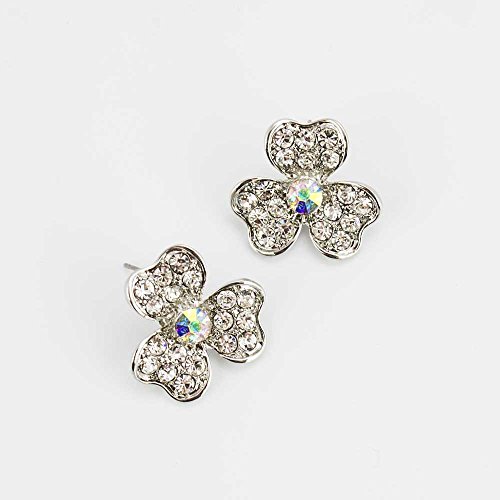 Floral Crystal Stud Earrings with Aurora Borealis Center Stone Silver Tone Wedding Prom Special Occasion Jewelry