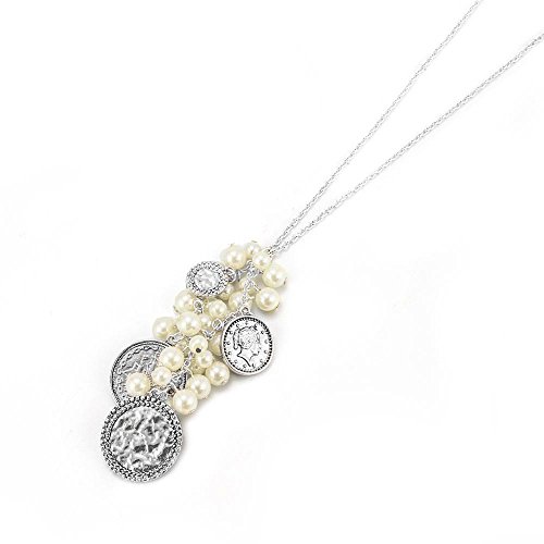 Long Vintage Style Silver Tone Coin and Pearl Cluster Statement Necklace 34 Inch Chain