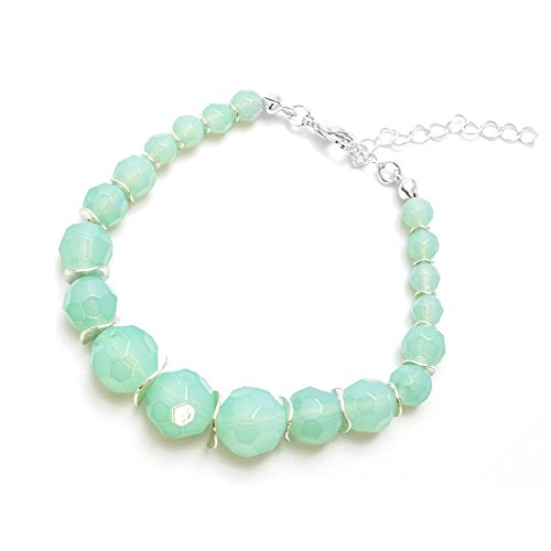 Elegant 3-Strand Mint Green Faceted Glass Bead Necklace and Bracelet Set with Silver Tone Chain