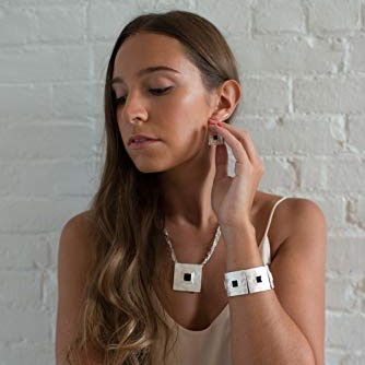 Square Drop Earrings Silver Tone Black Accent Geometric Modern Dangle Earrings