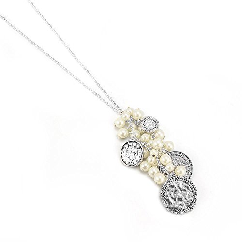 Long Vintage Style Silver Tone Coin and Pearl Cluster Statement Necklace 34 Inch Chain