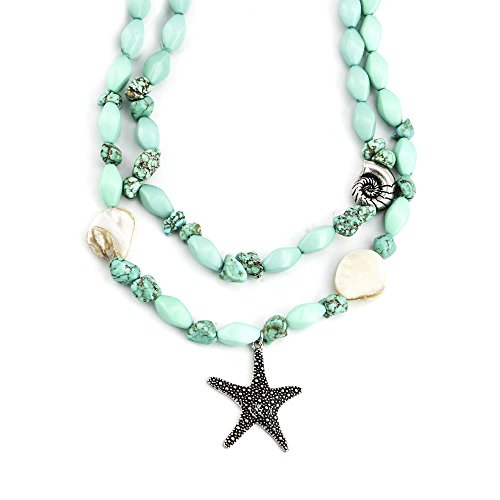 Genuine Turquoise Beaded Starfish Shell Statement Necklace and Matching Seashell Earring Set Beach Jewelry