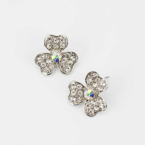 Floral Crystal Stud Earrings with Aurora Borealis Center Stone Silver Tone Wedding Prom Special Occasion Jewelry
