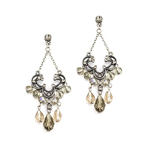 Elegant Black Diamond Crystal Chandelier Necklace and Earring Set with Aurora Borealis Beads - Antique Silver