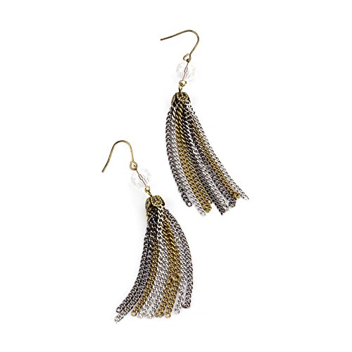 Mixed Metal Chain Tassel Drop Earrings with Crystal Bead 3.5 Inch Long Dangle Statement Earrings
