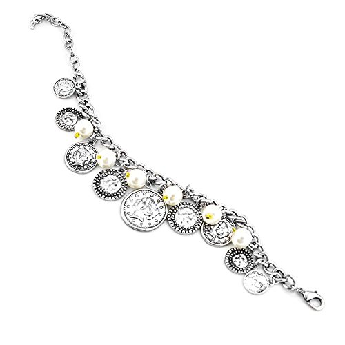 Vintage Style Silver Tone Coin Charm Bracelet with Pearls and Yellow Beads - Antique Roman Coin Design Chain Link Bracelet