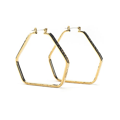 Modern Geometric Hammered Gold Tone Hoop Earrings - Large 2 Inch Statement Hoops with Latch Back