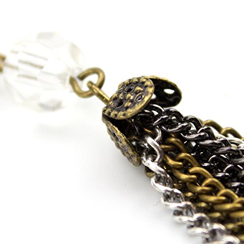 Mixed Metal Chain Tassel Drop Earrings with Crystal Bead 3.5 Inch Long Dangle Statement Earrings