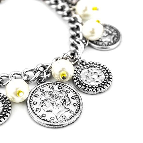Vintage Style Silver Tone Coin Charm Bracelet with Pearls and Yellow Beads - Antique Roman Coin Design Chain Link Bracelet