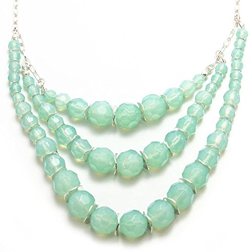 Elegant 3-Strand Mint Green Faceted Glass Bead Necklace and Bracelet Set with Silver Tone Chain