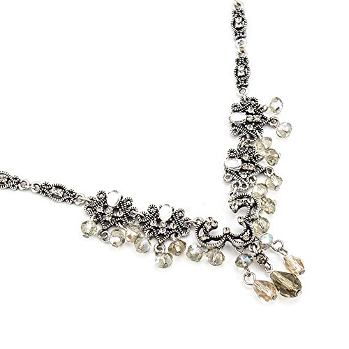 Elegant Black Diamond Crystal Chandelier Necklace and Earring Set with Aurora Borealis Beads - Antique Silver