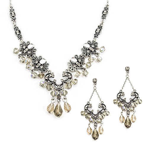 Elegant Black Diamond Crystal Chandelier Necklace and Earring Set with Aurora Borealis Beads - Antique Silver