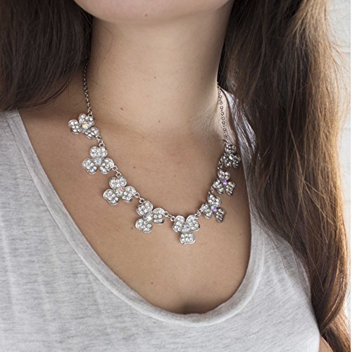 Elegant Crystal Flower Statement Necklace with Austrian Crystals, Silver Tone Chain, Adjustable Length