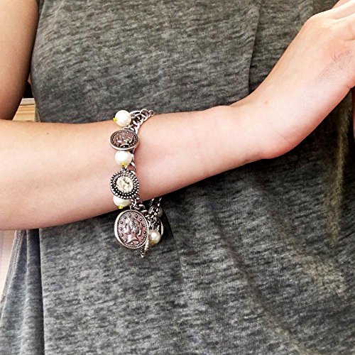 Vintage Style Silver Tone Coin Charm Bracelet with Pearls and Yellow Beads - Antique Roman Coin Design Chain Link Bracelet