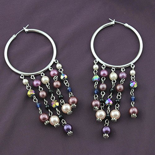 Multicolor Pearl Drop Hoop Earrings with Dangling Resin Beads - Silver Tone Statement Earrings