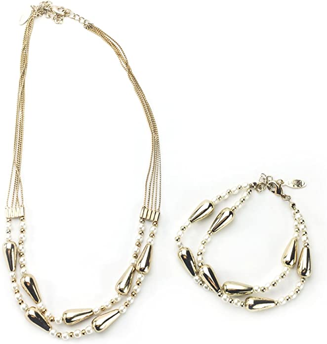 Elegant Glass Pearl and Gold Tone Teardrop Bead Bracelet for Women - Classic Fashion Jewelry