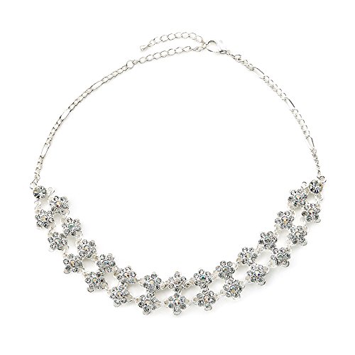 Elegant Crystal Choker Necklace with Aurora Borealis and Clear Crystals, Adjustable Silver Tone Wedding Special Occasion Necklace