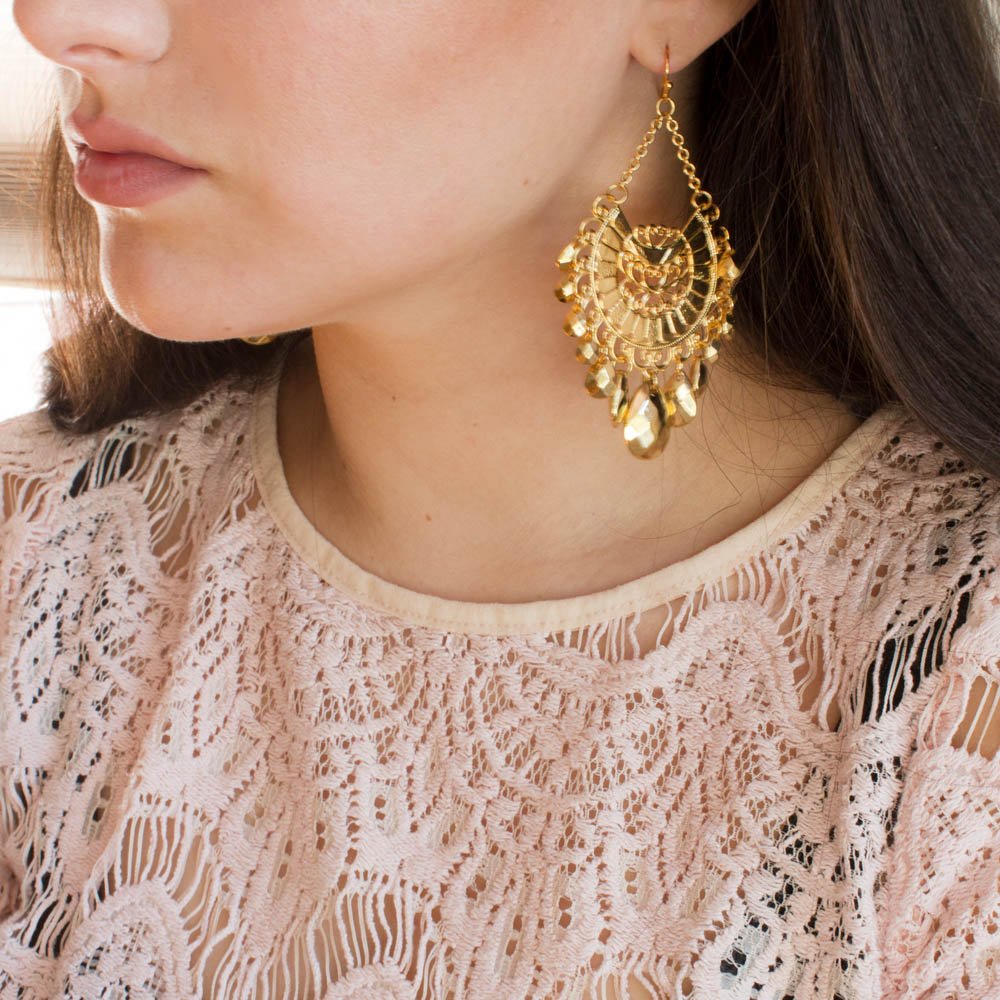 Bohemian Gold Tone Chandelier Dangle Earrings with Faceted Beads - 3.25 Inch Drop
