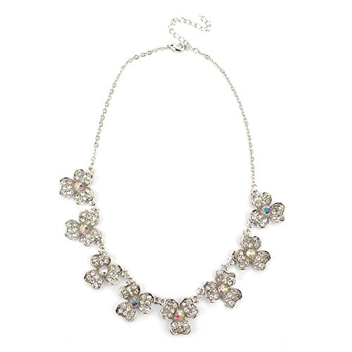 Elegant Crystal Flower Statement Necklace with Austrian Crystals, Silver Tone Chain, Adjustable Length