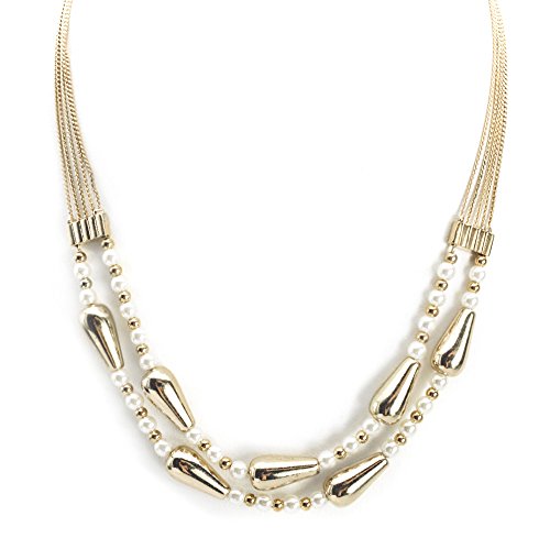 Elegant Multi Strand Glass Pearl and Gold Tone Beaded Statement Necklace - 15 Inch Classic Evening Wear Jewelry