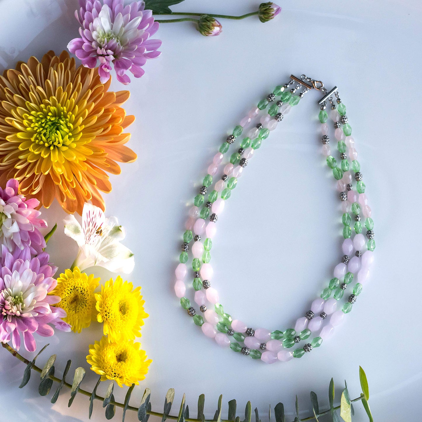 Triple Strand Rose Quartz and Peridot Glass Beaded Statement Necklace with Antiqued Metal Spacers