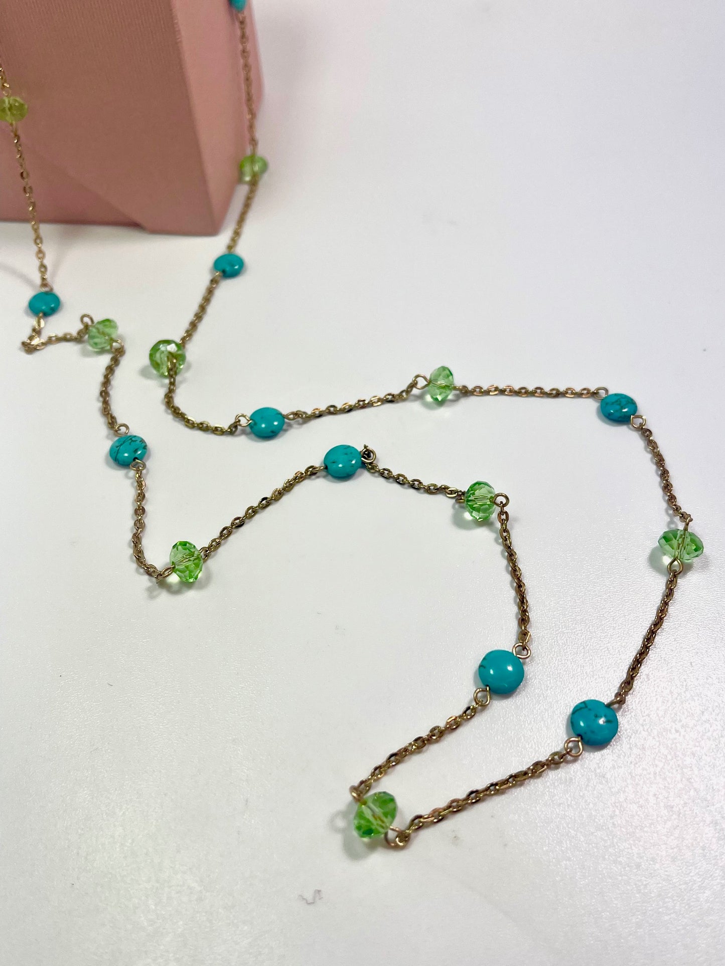 Long Turquoise and Green Crystal Station Necklace with Gold Tone Chain - 40 Inch Layering Necklace