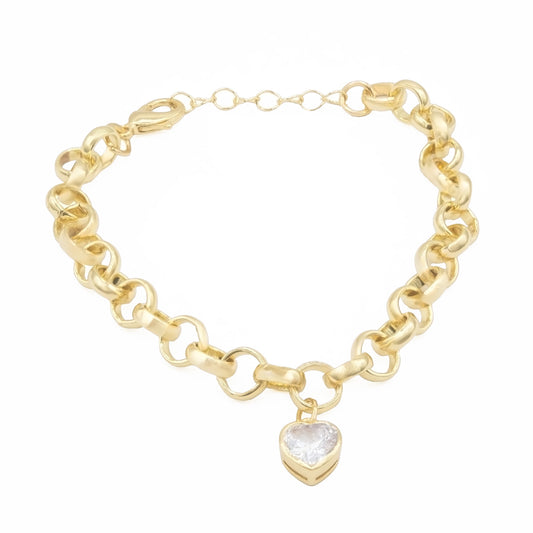 Heart Charm Rolo Chain Bracelet with Cubic Zirconia