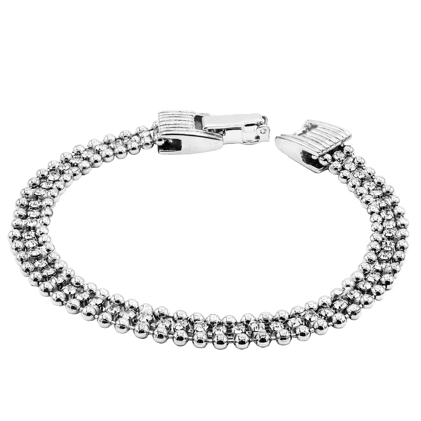 Elegant Silver Tone Tennis Bracelet with Cubic Zirconia Stones and Chain Detail, 7.25 Inches