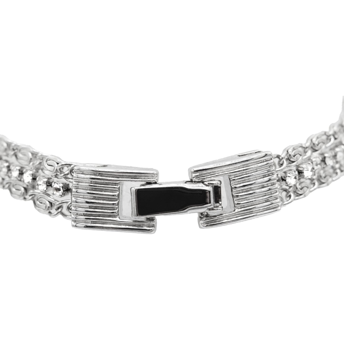 Elegant Silver Tone Tennis Bracelet with Cubic Zirconia Stones and Scroll Chain Detail