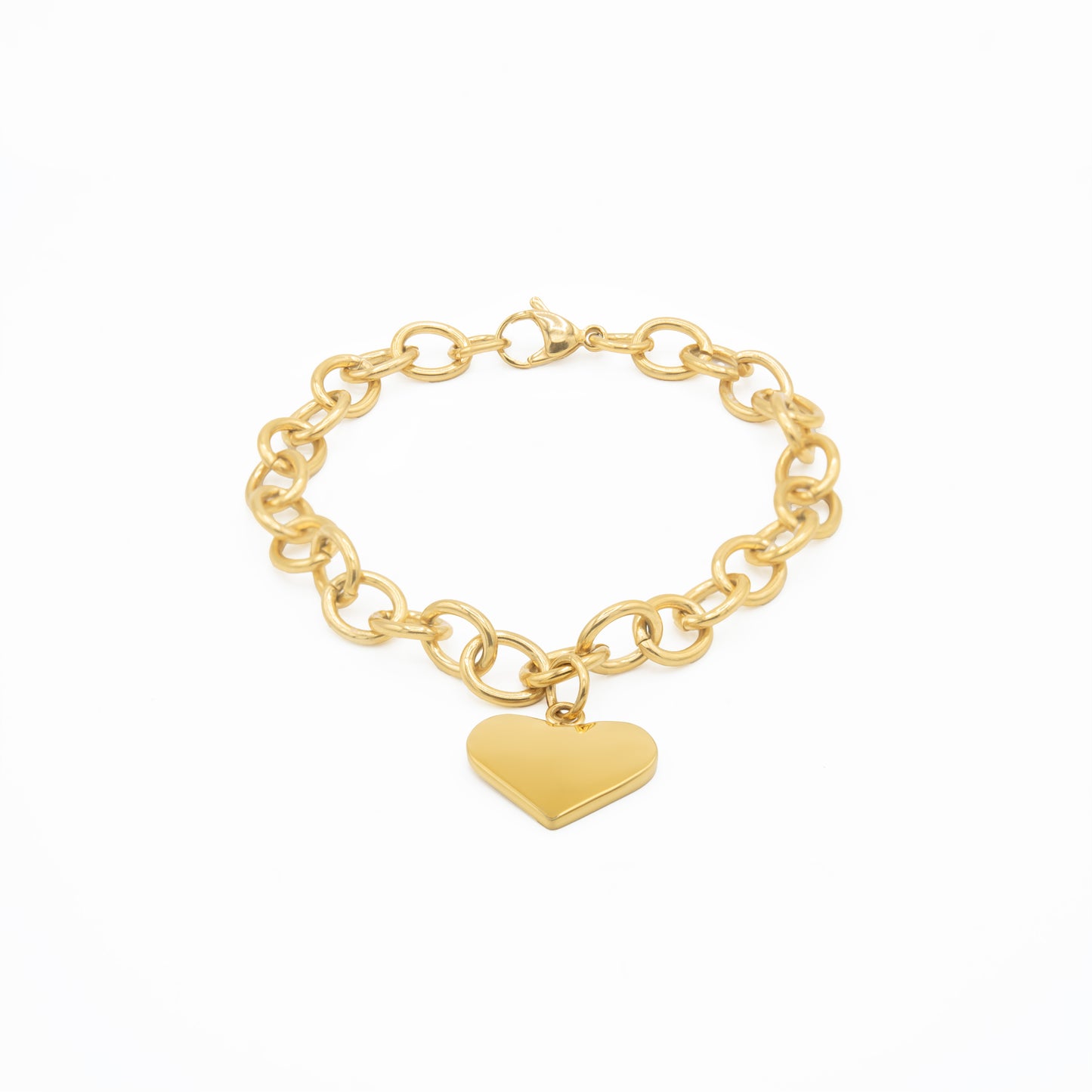 Gold Plated Heart Charm Chain Link Bracelet for Women - Stainless Steel