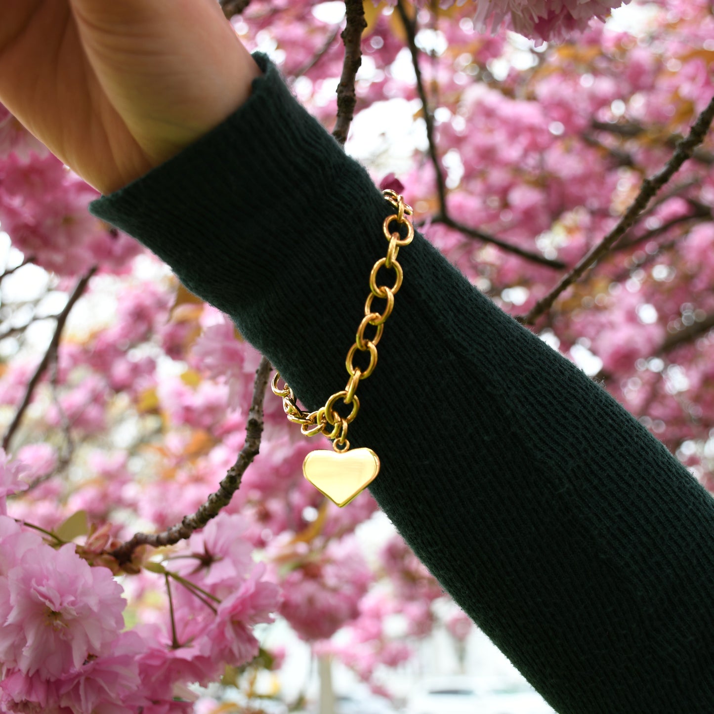 Gold Plated Heart Charm Chain Link Bracelet for Women - Stainless Steel