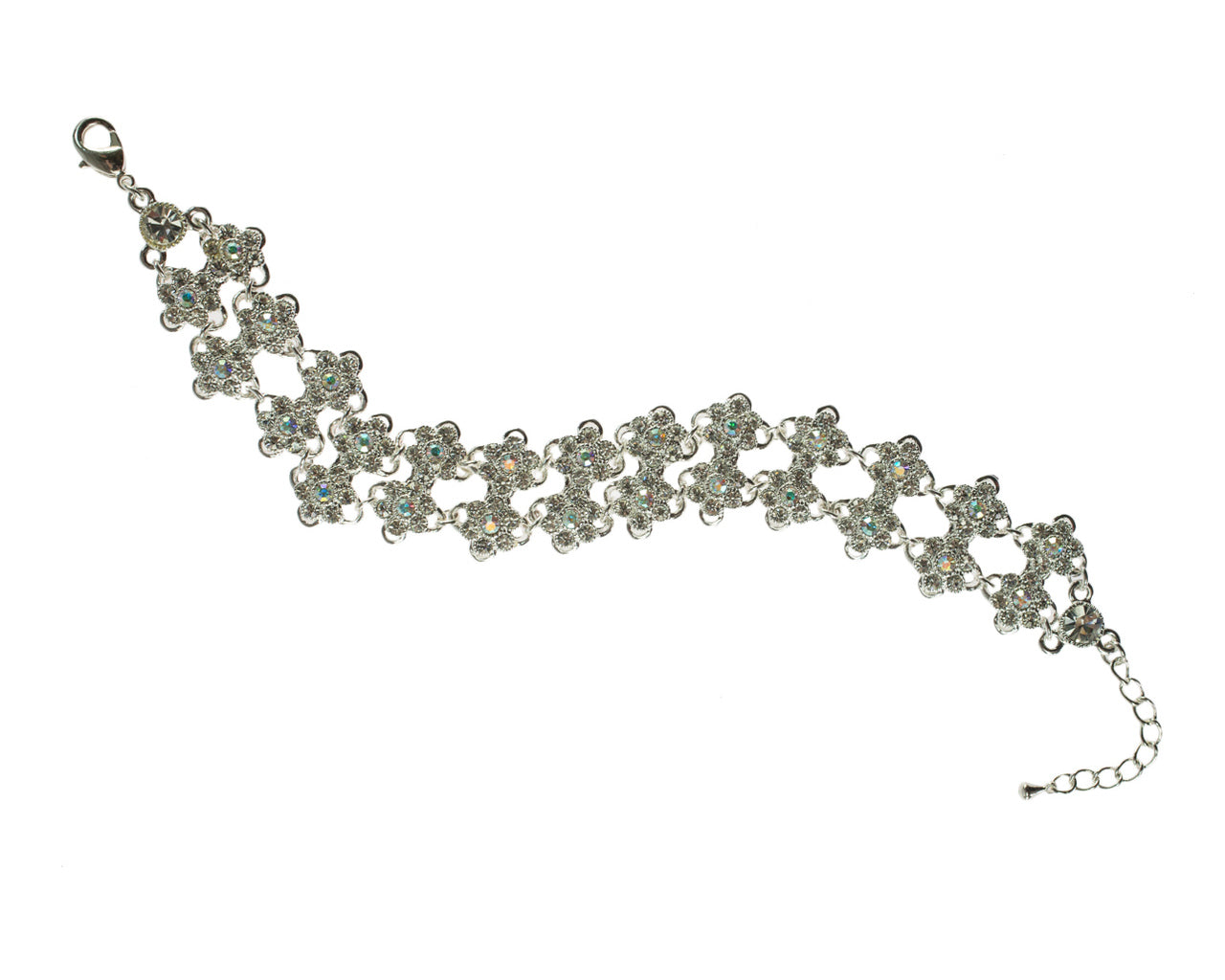 Elegant Aurora Borealis Crystal Flower Tennis Bracelet with Extender - Wedding Jewelry